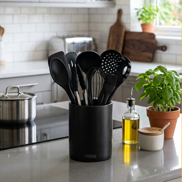 Kit com 12 Utensílios de Silicone com Cabo de Madeira
